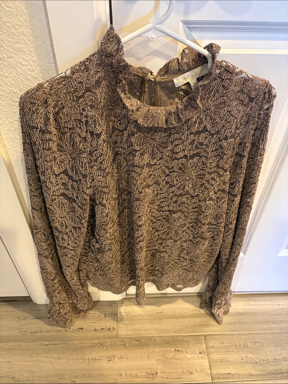 Anthropologie Eri+ Ali lace mock neck Ruffle Long-Sleeve Top - Taupe bell sleeve